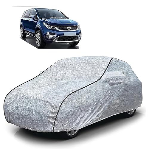 Image of Sulfar 100% Waterproof Car Body Cover Compatible with Mirror for Tata Hexa (Triple Stitched, Full Bottom Elastic, Magic Silver with Black Piping)