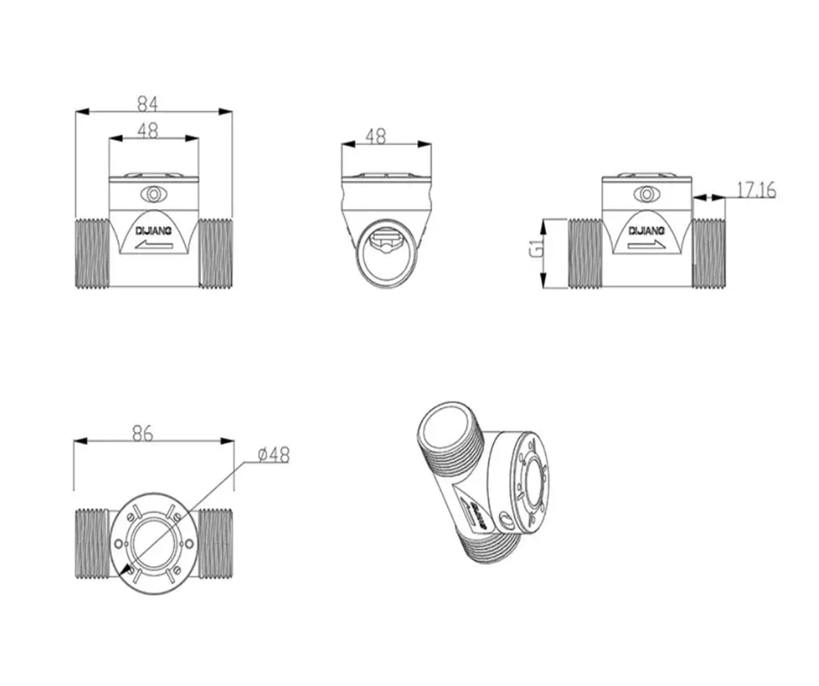 Medidor de caudal de agua, DJ-HS43TA SUS304 SS Hall China Sensor de Flujo de Agua de riego BSPP G3/4 “5-150lpm caudalímetro de turbina eje cerámico Sea Dijiang para agua, diésel y otros líquidos