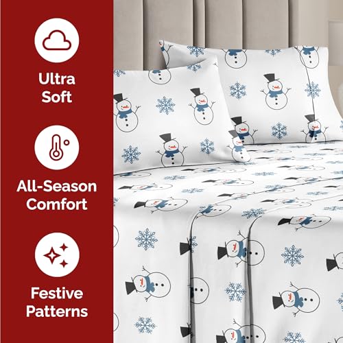 Twin XL Christmas Snowman Sheet Set - Holiday Xmas Pattern Bedding Set - Deep Pockets - Snug Fit - 3 Piece - Wrinkle Free - Comfy & Cooling Festive Winter - Holiday Sheets for Women, Men, Kids & Teens