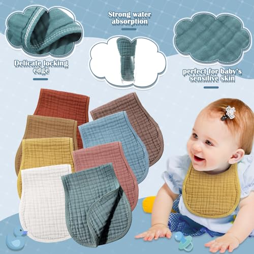 Image of Frienda 8 Pack Muslin Burp Cloths for Baby Large 20 x 10 Inch Cotton Burp Rags for Spit up Drool Absorbent Soft Multicolor Wash Cloths Diapers for Newborn Girl Boy Essential Shower Gift(Retro Color)