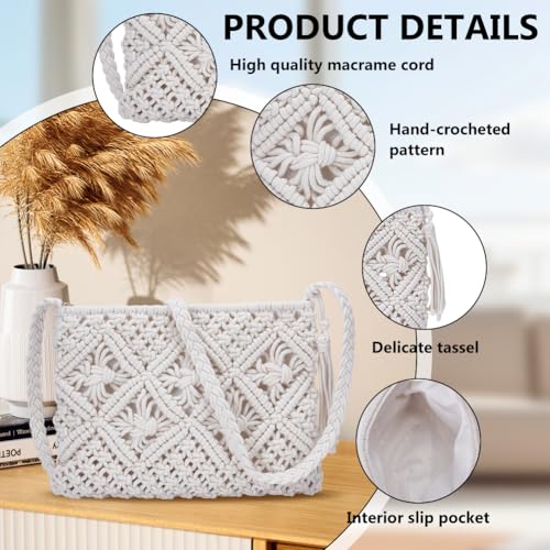 WEBEEDY White Macrame Shoulder Bag Boho Handmade Woven Crossbody Bag for Beach, Travel, Daily Use, Gift for Birthday Holiday Mother's Day Wedding Christmas, 26x20.5 cm(10.2x8.1 Inches) Body3