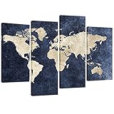 4 Panels Canvas Painting Abstract World Map Picture Printed on Canvas Giclee Artwork Stretched and Framed Wall Art for Home Decor (Navy)