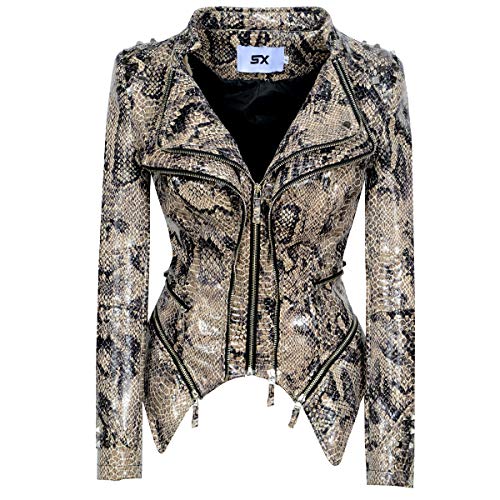 ZJX Women's classic dovetail rivet snake leather jacket punk personality coat (M, stripe)