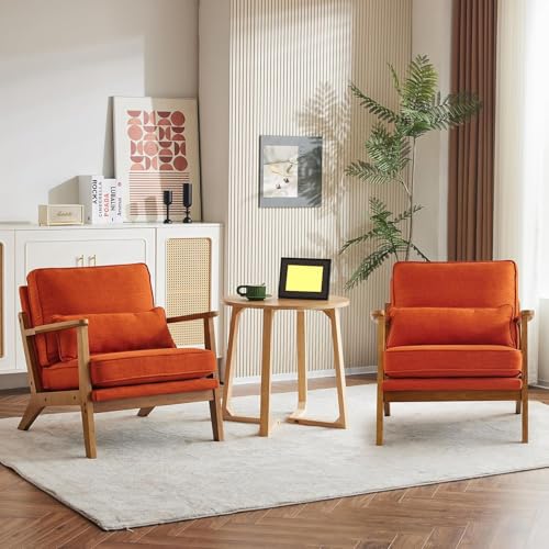 Image of Mid-Century Accent Relax Chair - Wide Armrest Lounge Chair with Linen Fabric with Lumbar Pillow (Orange - Set of 2, 28.3 x 31.5 x 29.5 INCH)