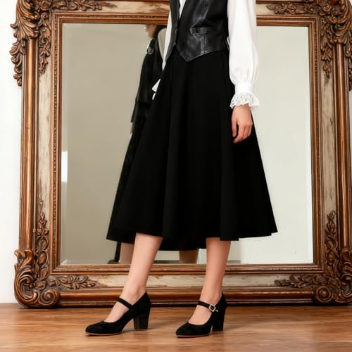 Image of SHODENSE Women Vintage Chunky High Heel Mary Jane Shoes Round Closed Toe Ankle Strap Dress Sandals 3 inch Block Heels Mary Jane Lolita Pumps Two-Toned Patchwork Buckle Office Lady Wedding Retro 4-11 M US