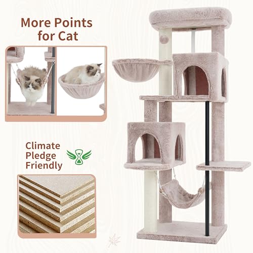 Image of Gitelsnour Cat Tree Tower with Sturdy Steel Tube for Indoor Cats GCT014MU | 51.2'' Cat Furniture with Scratching Posts, Hammock, Basket and Padding Top Platform for Inoor Cats Large Adult, Mushroom