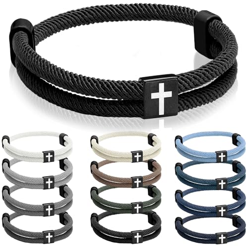 12 Pcs Braided Cross Bracelet for Men Women Christian Adjustable Rope Jesus Bracelets with Metal Knot Christian Baptism Gifts
