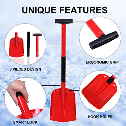 32" Folding Emergency Snow Shovel 3 Piece Aluminum Lightweight Portable Sport Utility Shovel For Car Trunk Camping Garden Beach With Ice Scraper Carrying Bag, Red #TOP4
