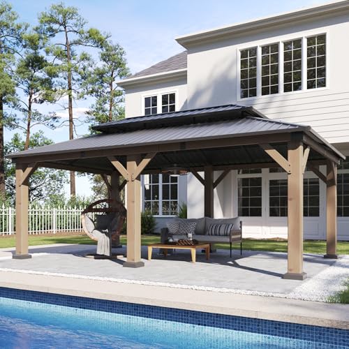 Image of Aoxun 20' x 12' Outdoor Wood Gazebo, Hardtop Gazebo Permanent Wooden Pavilion with Galvanized Steel Double Roof, and 19.7 FT Power Outlet,for Backyard, Garden, Deck, Cedar Wood, Grey