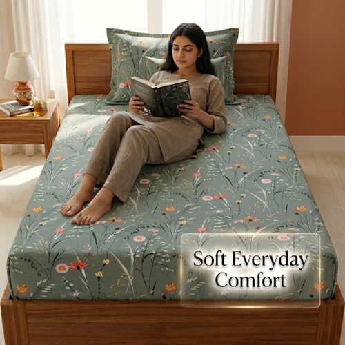 Image of Mafatlal 125 GSM Merino Single Size Bedsheet with Pillow Cover | 90 x 60 Inches | Soft, Breathable & Lightweight | Green