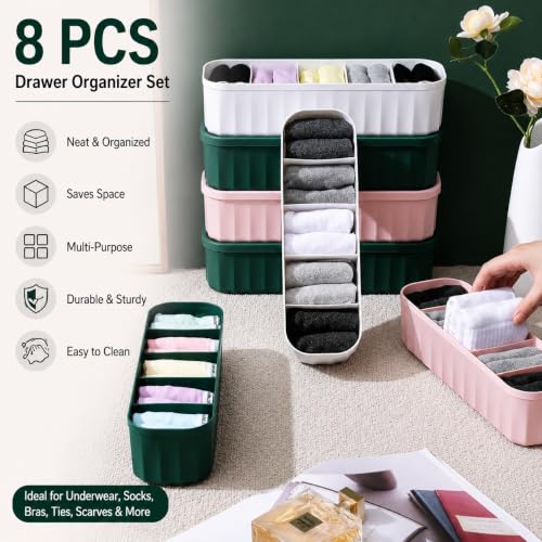 Image of MARKWELL Plastic Drawer Organizer Set of 8 for Underwear, Socks, Bras, Scarves & Ties | Stackable Closet Storage Boxes for Wardrobe, Drawer, Dresser & Cabinet | Multicolor