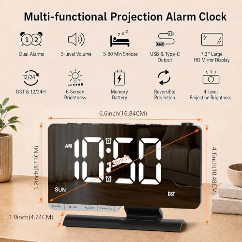Projection Clock for Bedroom Ceiling, Black LED Mirror Digital Alarm Clock - Image 5