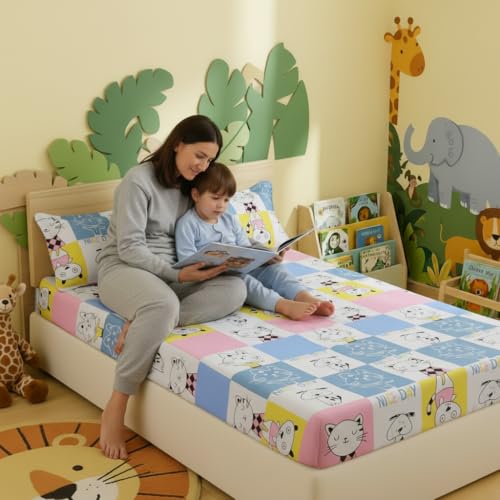 Image of Filymore Cute Cat Bedsheet Made with Microfiber Wrinkle Free Soft Hypoallergenic | Cartoon Printed Double Bed Queen /King Size for Kids (90x90 Inches /Boys Girls Room)(Yellow and Blue)