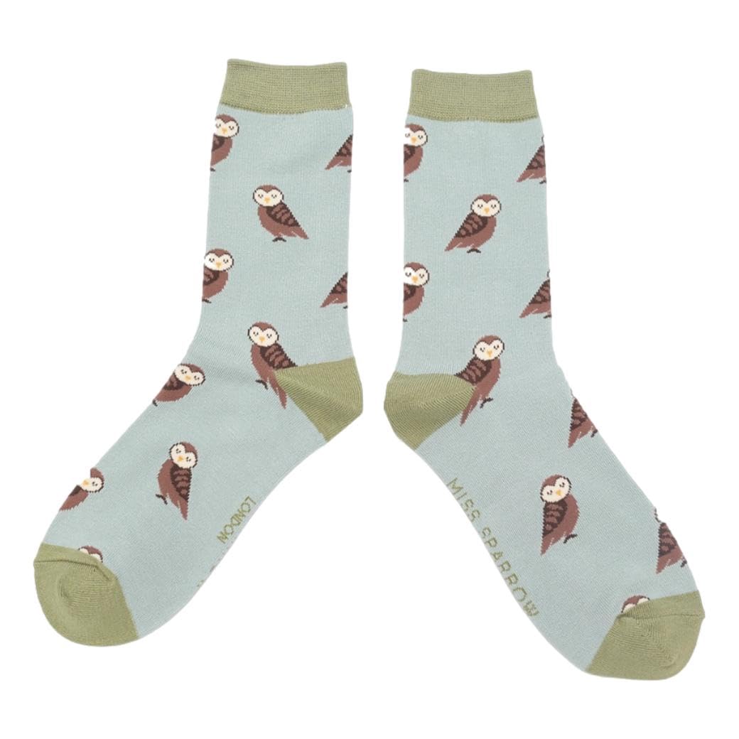 Mr Sparrow Cute Owls on Duck Egg Womens Novelty Ankle Socks Adult One Size