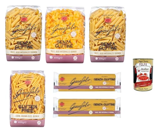 Glutenfreie Pasta Mix 6x400g – 2,4 kg Mais Reis Quinoa (Penne, Farfalle, Casarecce, Spaghetti) kochfest al dente Vorrat für Familie & WG, ideal mit Sugo + Italian Gourmet polpa