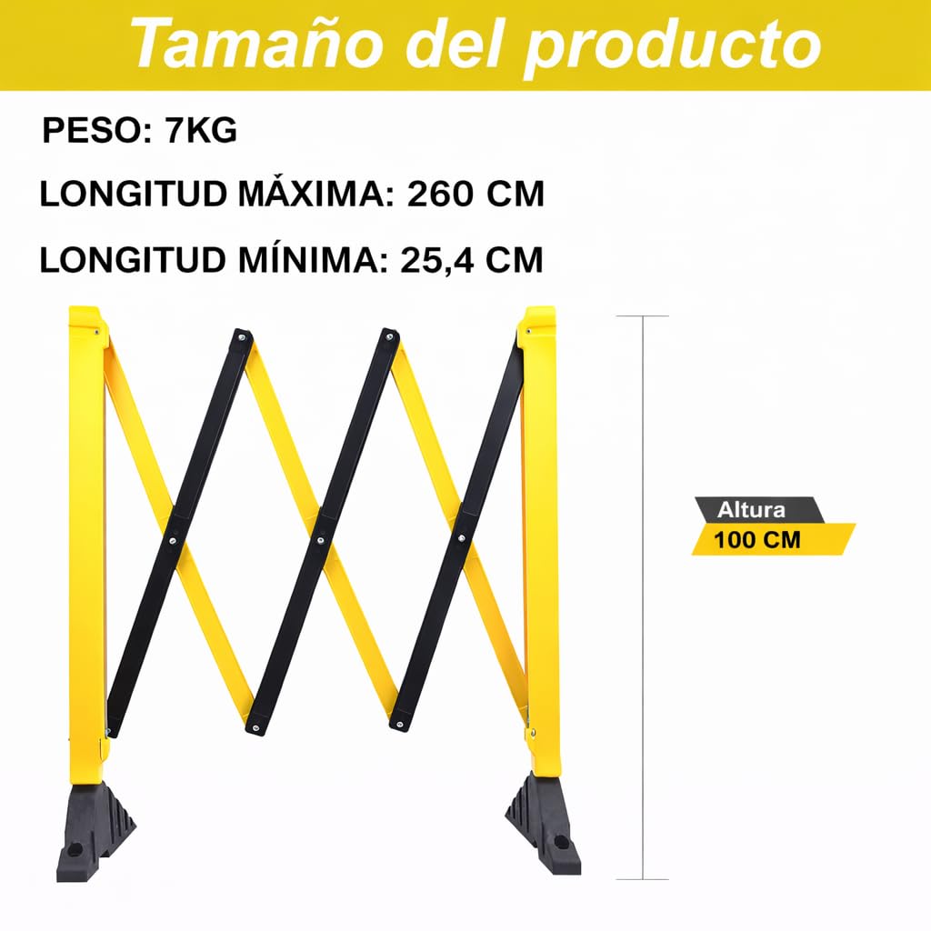 Barricadas extensibles de 260 cm, color amarillo y negro, con puerta larga de metal, retráctil, para tránsito y tráfico retráctil (2 unidades)