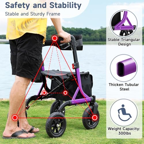 Image of MAXWALK Foldable Rollator Walker for Seniors with Seat, 10 inch All Terrain