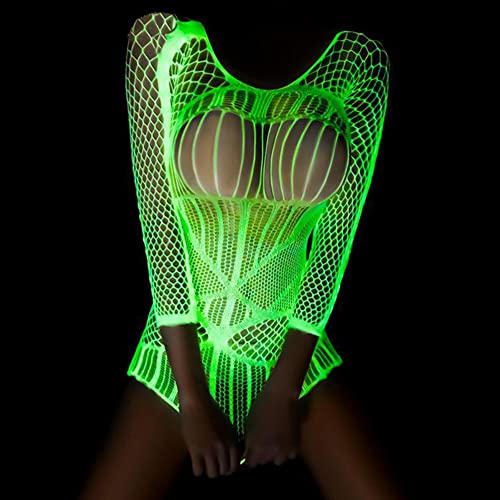 Glow in the Dark Fishnet Stockings, Luminous Sexy Green Fishnets Lingerie Tights High Waist Pantyhose One Piece Bodysuit3