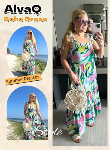 AlvaQ Women's 2025 Summer Sleeveless Floral Print Maxi Dress Strap Square Neck Beach Sun Dress3