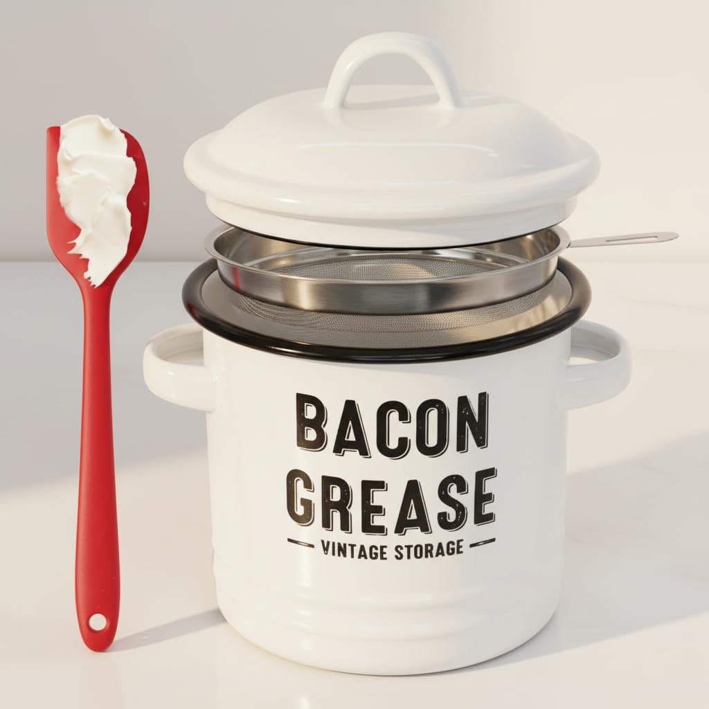 Sttlejura White Enamel Grease Storage Jar With Stainless Steel Strainer And Scraper- 1.3L Bacon Fat Container, Food-Safe Splatter-Free Cooking Oil Saver For Kitchen Worktop (White)
