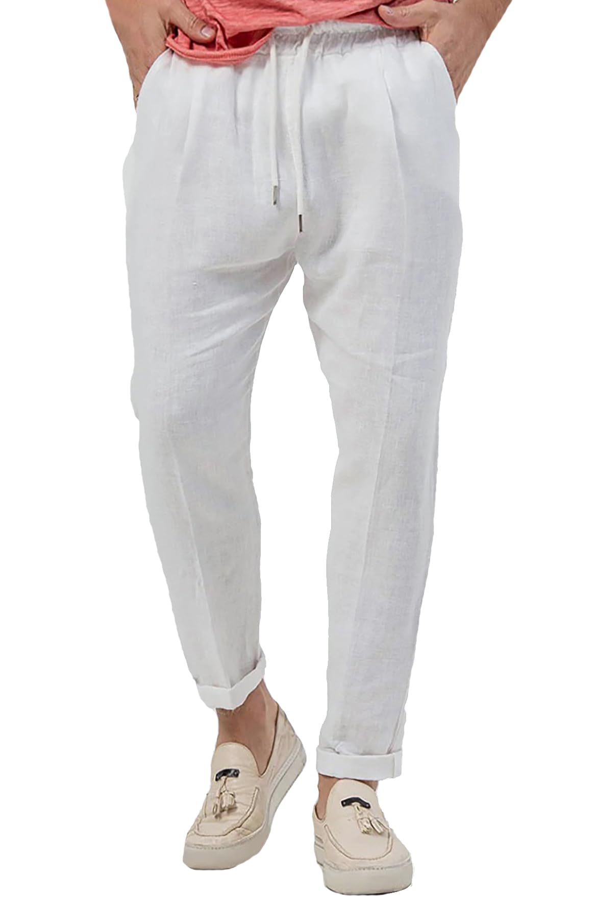 Evoga Pantaloni Uomo in Lino sartoriali Estivi Slim Fit pantalacci Casual Traspirante