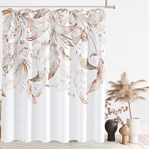 Tititex Boho Bright Tan Palm Leaves Shower Curtain, Watercolor Light Brown Floral on The Top Plant Bathroom Decoration Shower Curtain Sets 72x72 Inch with Hooks