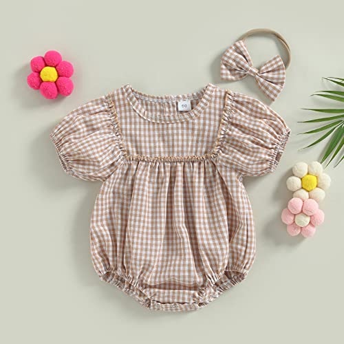 Infant Baby Girl Summer Outfit Plaid Romper Boho Short Sleeve Ruffle Bodysuit with Headband Clothes2