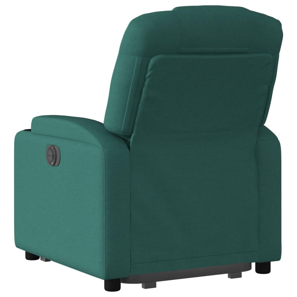 Sillón elevador reclinable verde oscuro de tela con motor eléctrico y función manual, asiento acolchado y estructura estable, cómodos portavasos y bolsillo lateral