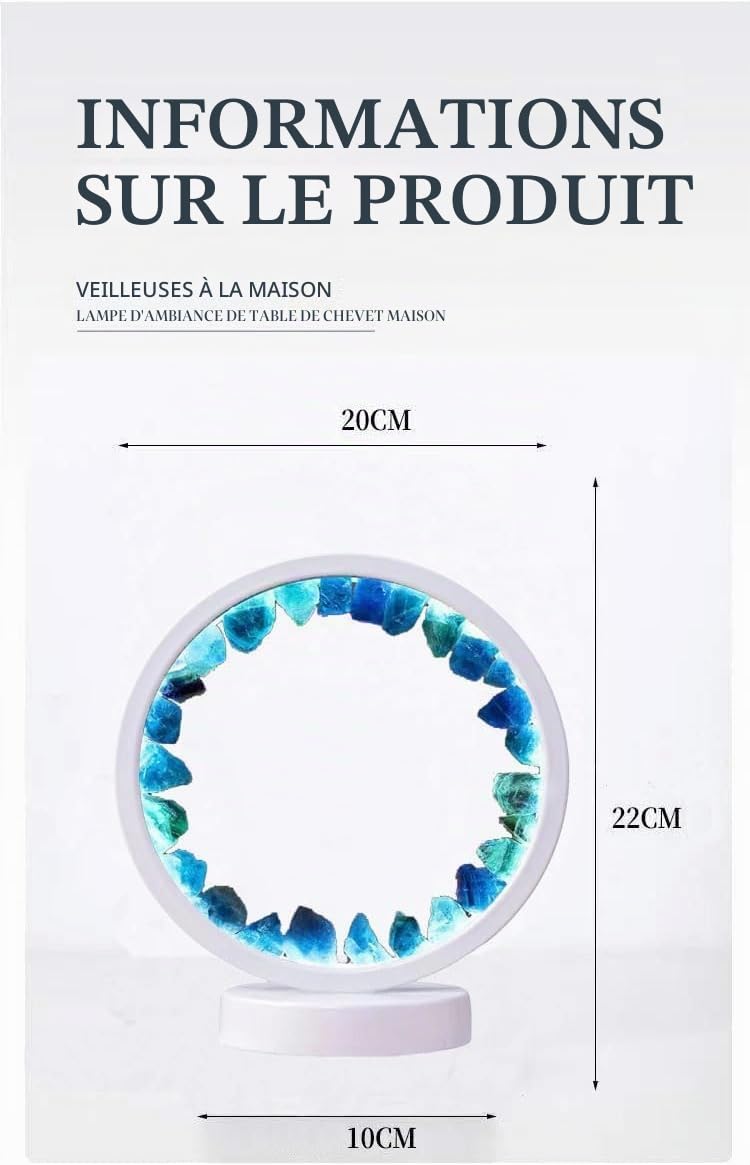 Lampe en Cristal Naturel, Trois Modes d'Éclairage, Luminosité Réglable, Alimentation par Port USB (Blanc Rond Fluorite Bleue)