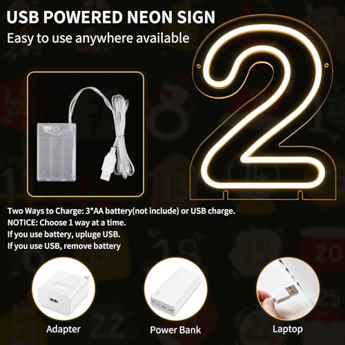 Image of Number 2 LED Neon Sign Backdrop Birthday Party Decoration, 11.3 inch Height Warm White Marquee Number Two Light Up Sign for Wedding Anniversary Window Wall Table, Indoor Battery Operated or USB