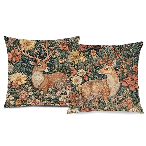 BUJSP Vintage Reindeer Christmas Floral Decor Pillow Covers 18x18 Set
