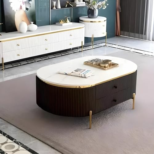 Image of Tesla Centre Table, White Marble Top with Gold Trim, Oval Modern Coffee Table with 2 Drawer Storage, Waterproof Plywood Base, PVD Metal Legs, for Living Room (Black)