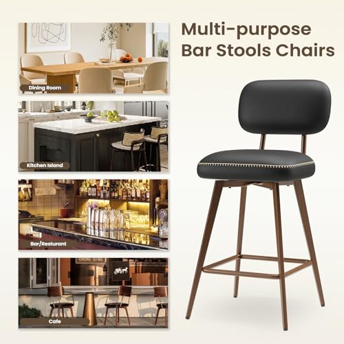 Image of MALOL 26 inch PU Leather Swivel Bar Stools Set of 3, Mid Century Counter Height Bar Chairs with Low Back and Metal Legs, Modern Bar Stool Chair for Kitchen Island, Black