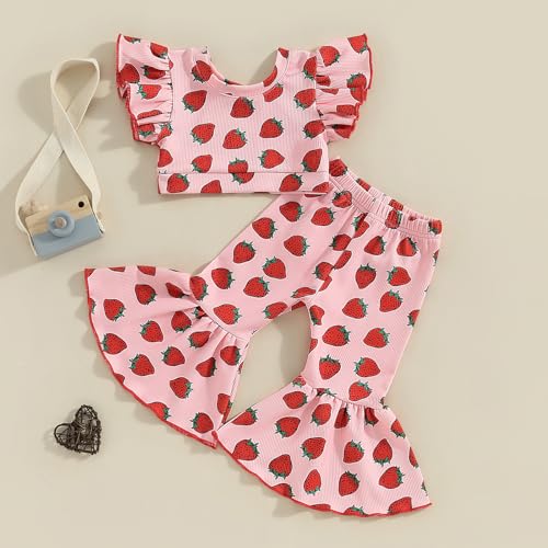 Honganda Fashion 2Pcs Toddler Baby Girl Strawberry Outfit Set Ruffle Short Sleeve Crop Top Flared Pants Summer Knit Clothes2
