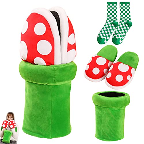 Jfxgjuv Piranha Plant Slippers, Mushroom Slippers with Pipe Pot Holder, Piranha Plants Plush Funny Loafers with Green Socks