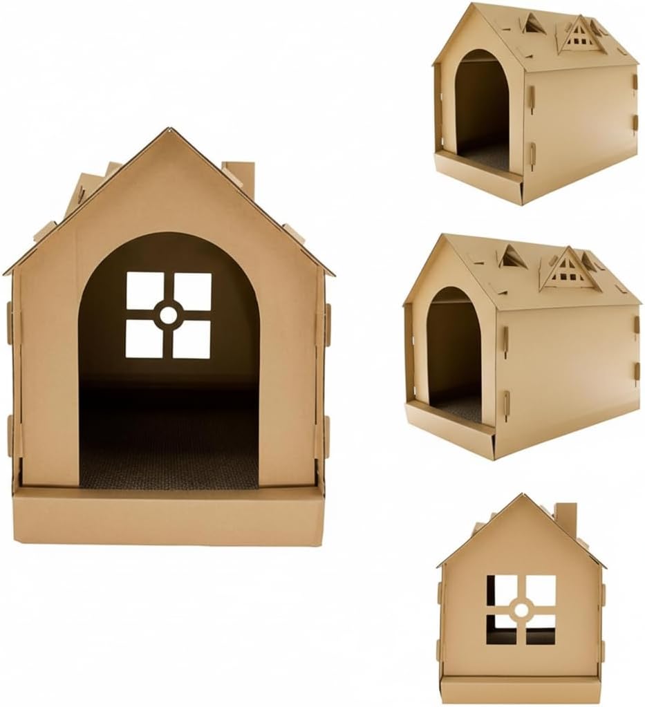 17.3 Inch Multiple Windows Detachable Cardboard House, House with Scratching Board, Indoor Playhouse, Scratching Mat with Catnip