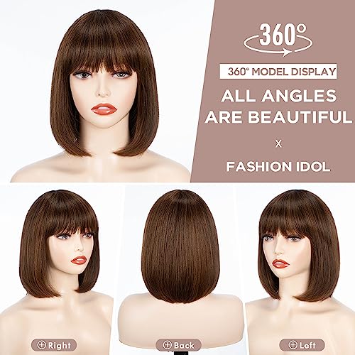 FASHION IDOL Bob Human Hair Wig with Bangs for Black Women Short Straight Hair 10 Inch Brown Glueless Machine Made Short Bob Wigs - Image 2