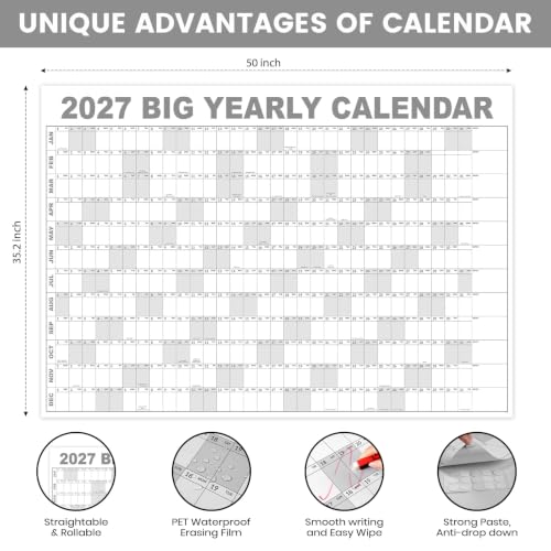 Image of 2027 Dry Erase Wall Calendar - Jan 2027- Dec 2027, 35.2 inch x 50 inch | Large Yearly Calendar 2027, 12-Month Note Section & 365 Daily Block, Round Stickers, Ideal for Home, Office and School - Gray