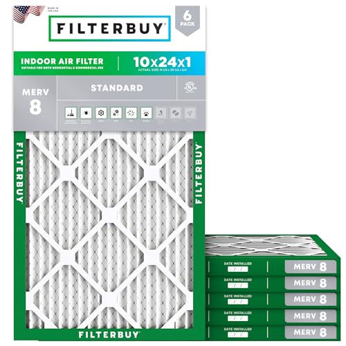 Filterbuy 10x24x1 Air Filter MERV 8 Essential Dust & Allergy Defense (6-Pack) Electrostatic Pleated HVAC AC Furnace Filters Replacement Made in USA (Actual Size: 9.50 x 23.50 x 0.75)
