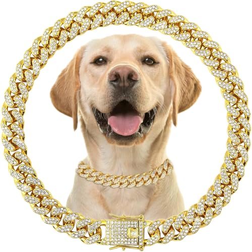 Image of Dog Chain Collars with Bling,Sparkly Diamond Metalgold Cuban Link Dog Collars, Rhinestone Glitter Dog Necklace Collar for Small Medium Large Pet Dogs Cats,20 Inch