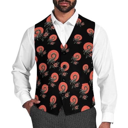 Vintage Scorpion Rose Suit Vest for Men Slim Fit Tuxedo Waistcoat Button Down V Neck Business Dress Coat