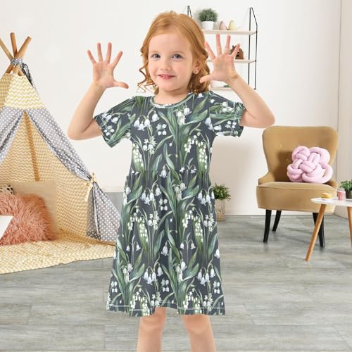 Summer Girl Dresses Blue Lily of The Valley Flowers Toddler Short Sleeve A-line Dress Casual Sundress4