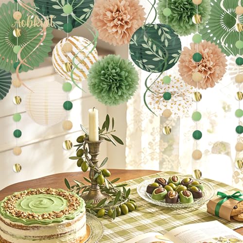 Image of AOBKIAT Sage Green Party Decorations Kit for Birthday,Netural Baby Shower | Paper Decor with Flower,Lantern,Party Garland,Streamers for Bridal Shower,Boho Wedding,Bachelorette,Woodland Theme Parties