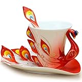 DUSIEC Collectable Fine Arts China Porcelain Tea Cup and Saucer Coffee Cup Peacock Theme Romantic Creative Present (Red)