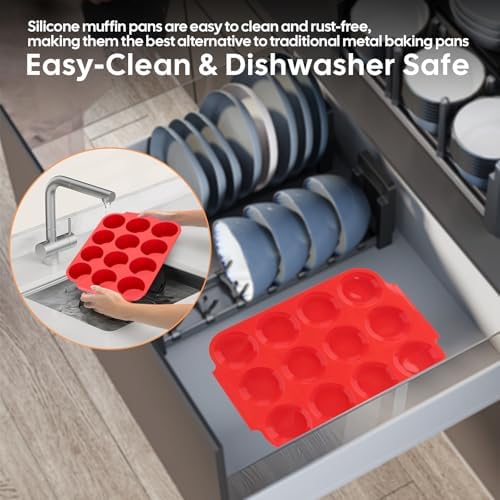 2-Pack Silicone Muffin Pan for Baking – Standard 12-Cup Nonstick Cupcake Pan with Handle, Food-Grade Certified, Odorless, BPA-Free, Silicone Baking Mold for Muffins, Egg Bites, Cupcakes - Thumbnail 4
