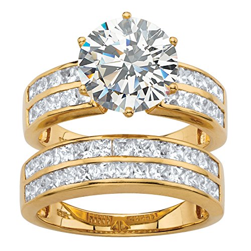 18K Yellow Gold over Sterling Silver Round Cubic Zirconia 2 Piece Channel Set Bridal Ring Set Size 8