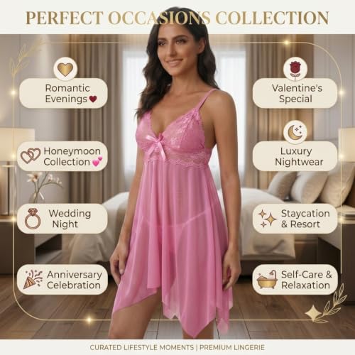 Image of Women Solid Net Lace Babydoll V-Neck Wedding Nighty Above Knee Lingerie S-3XL