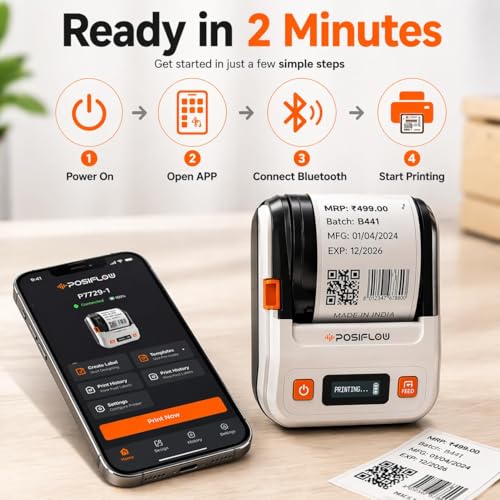 Image of PSF20 58mm Inkless Thermal Portable Printer | Bluetooth & USB Receipt, Barcode & Label Printer for Shops & Retail Use | Mobile & PC Support | 200 Labels Included | Color: Back /White
