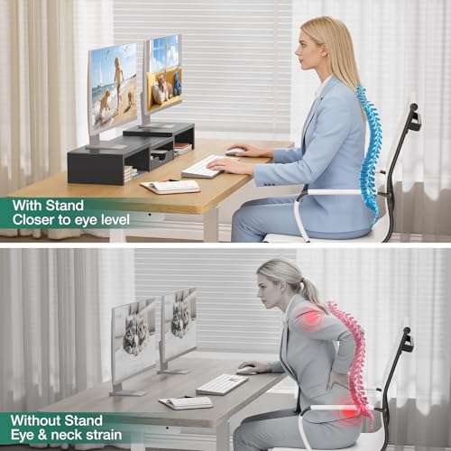 Image of OPNICE Dual Computer Monitor Stand Riser, Desk Organizer with Drawer, Office Desk Accessories & Workspace Organizers for Home Office Supplies, Black