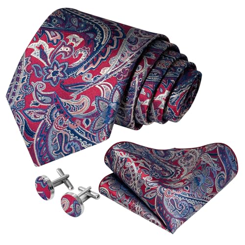 Image of 5PCS Mens Premium Silk Tie, Pocket Square, Cufflinks, Drilled Tie Ring and Lapel Pin Set for Wedding Groom Party